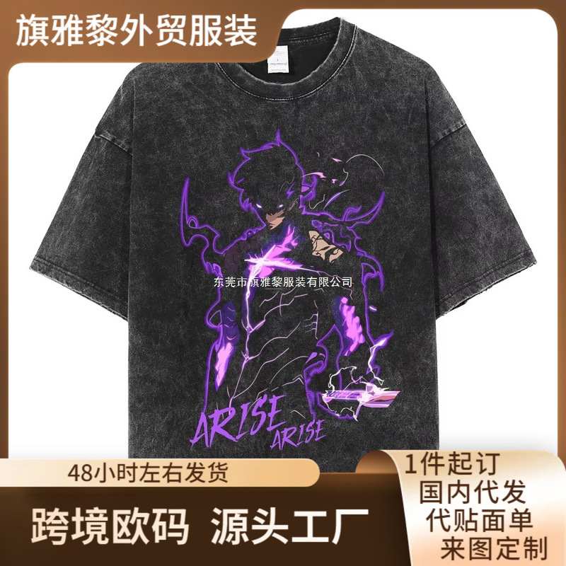 2025 Anime Solo Level Sung Jin Woo Printed Washed T-Shirt Men's Casual Cotton T-Shirt Comic Retro
