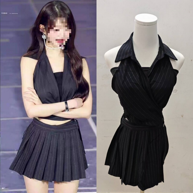 Long-Term Spot 2025 Xia Zhang Yuanying Star Summer Same Style Pinstripes Halterneck Short Pleated Culottes Suit for Women