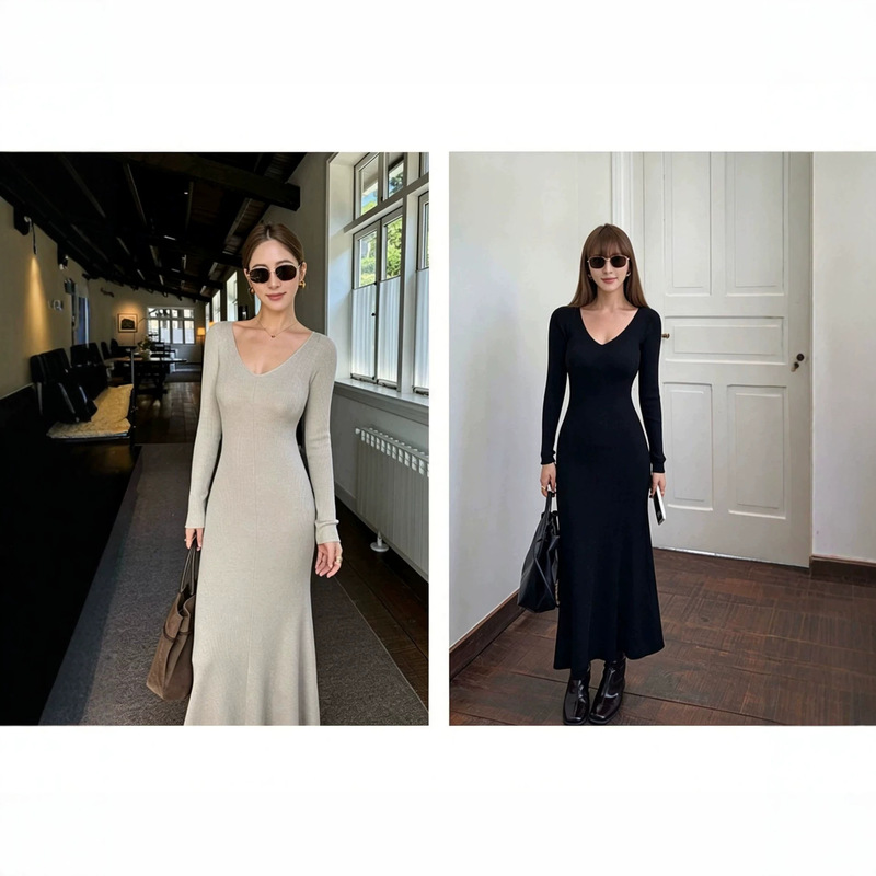 Women's Knitted Dress 2026 New V-Neck Slim Fit Long Dress for Early Autumn and Winter, Korean Style High-End Fashion for Noble Ladies