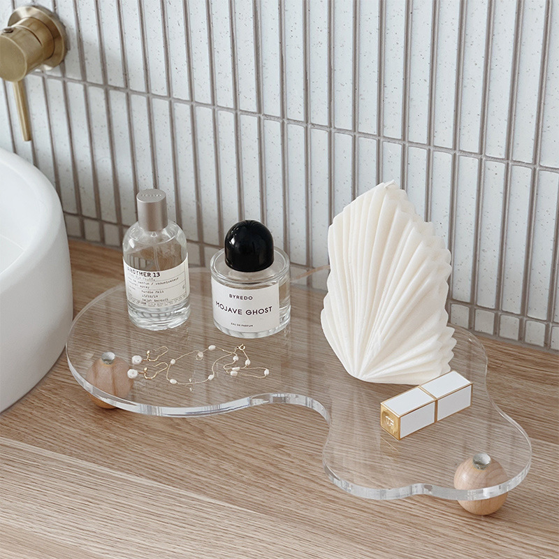 Bandeja de acrílico, vela de aromaterapia, joyería de perfume, soporte de exhibición, dormitorio, baño, lavabo, escritorio, estante de madera