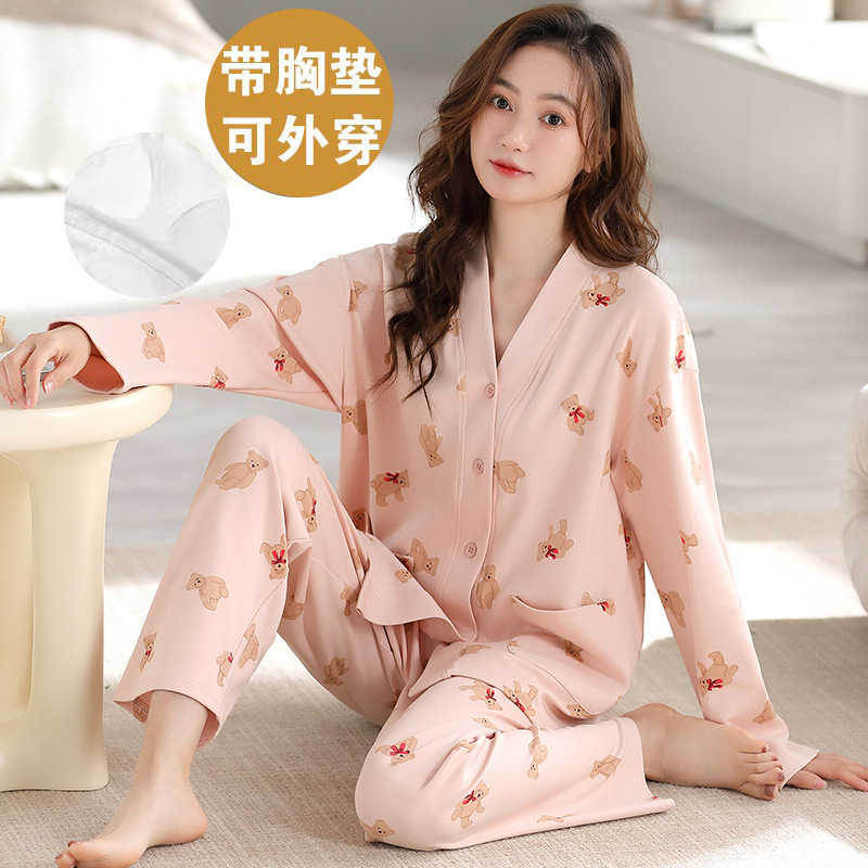 No bra with chest pad pajamas ladies spring, autumn and winter 200kg cotton long sleeve kimono cardigan home service suit