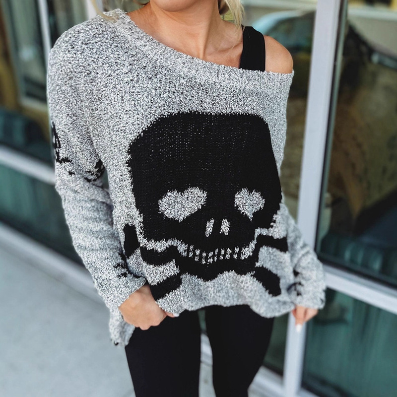 Skull Pattern Slanted Shoulder Loose Knit Sweater for Women, New Autumn Style, Comfortable and Breathable, Dark Gothic Style