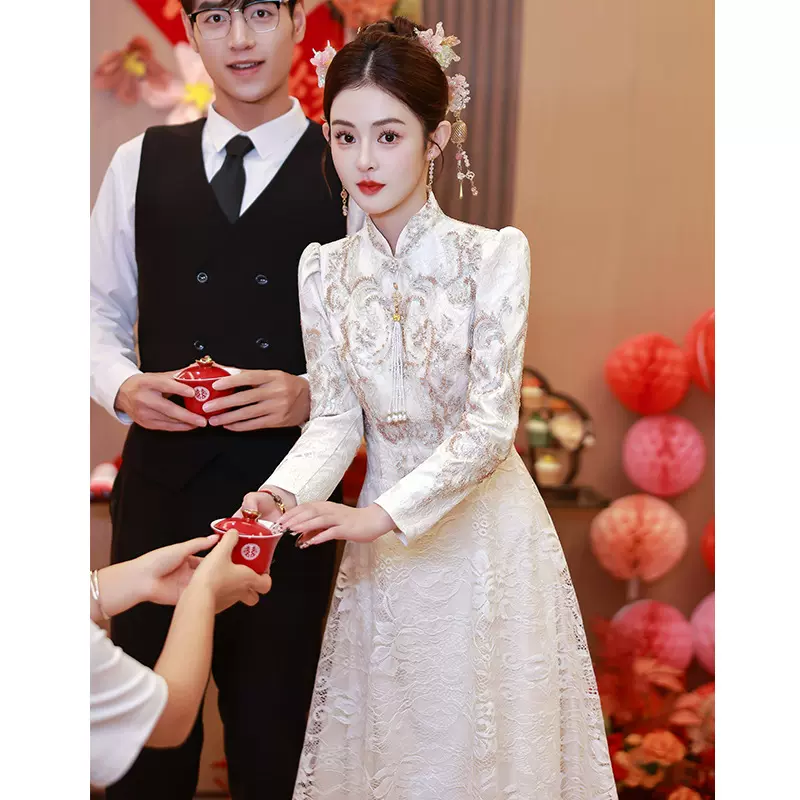新中式订婚连衣裙蕾丝改良旗袍长袖敬酒服新娘登记领证礼服裙春季