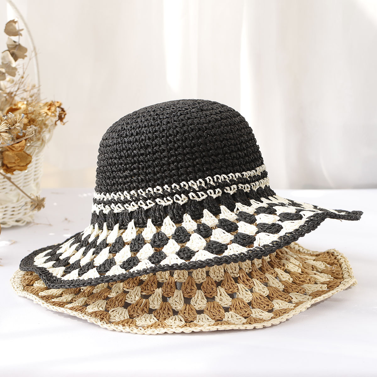 Colorful Pattern Women's Vacation Beach Colorful Big Eaves Straw Hat