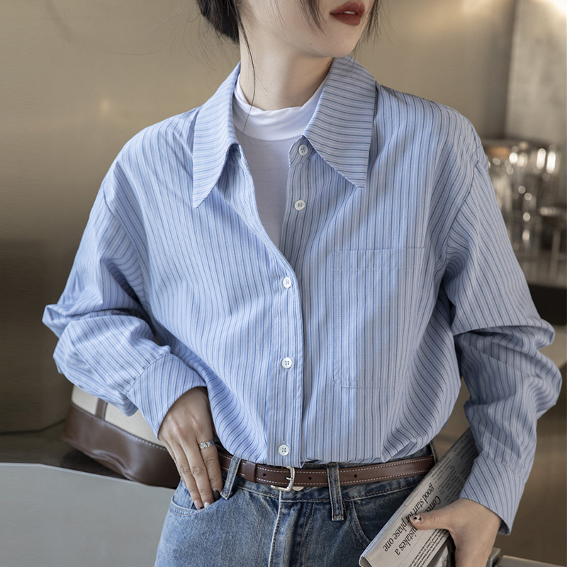 蓝色条纹衬衫女长袖2023春季新款设计感韩版宽松休闲百搭叠穿衬衣