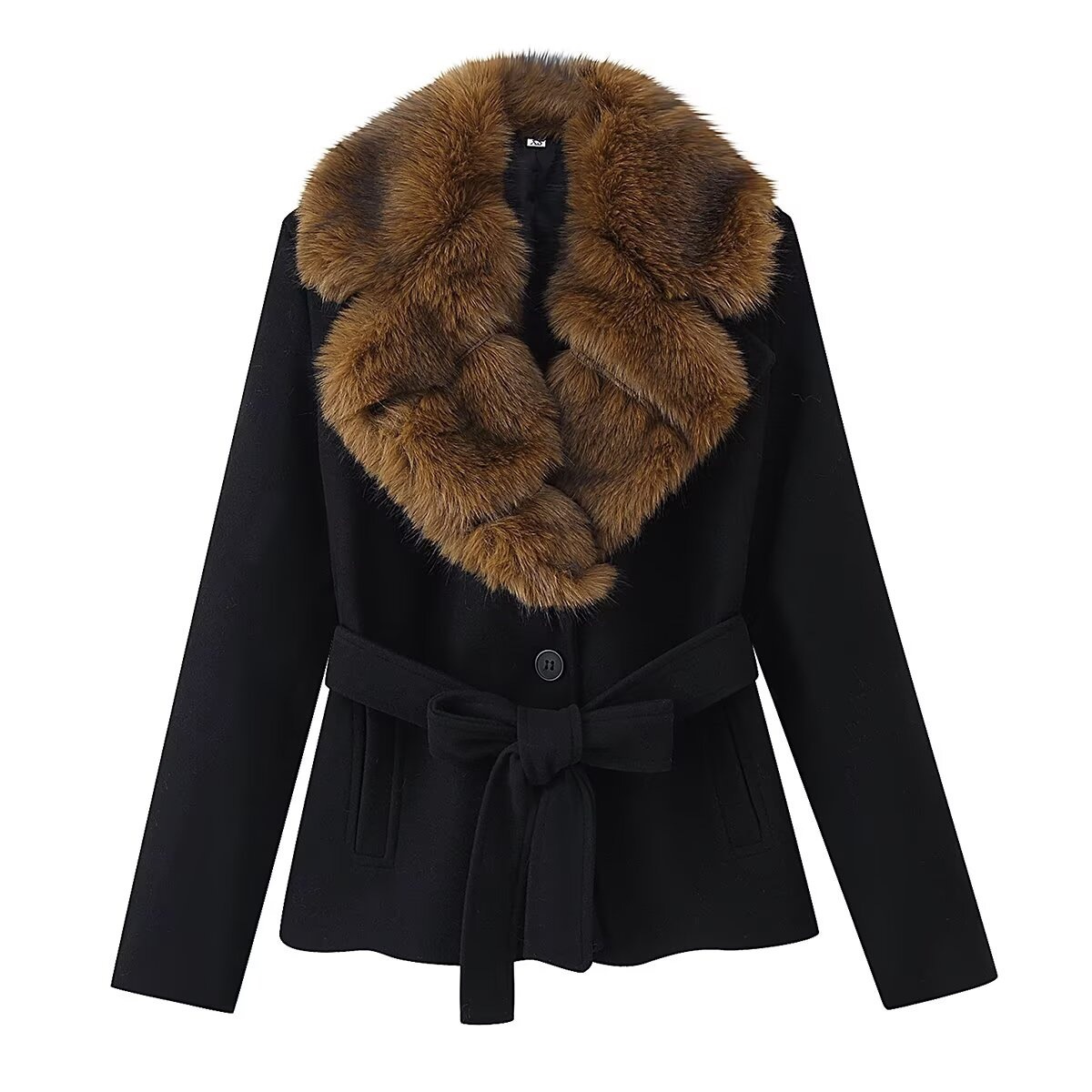 Pb&Za Cross-Border Supply 2025 Winter New European and American Style Artificial Fur Collar Woolen Outwear with Belt Jacket