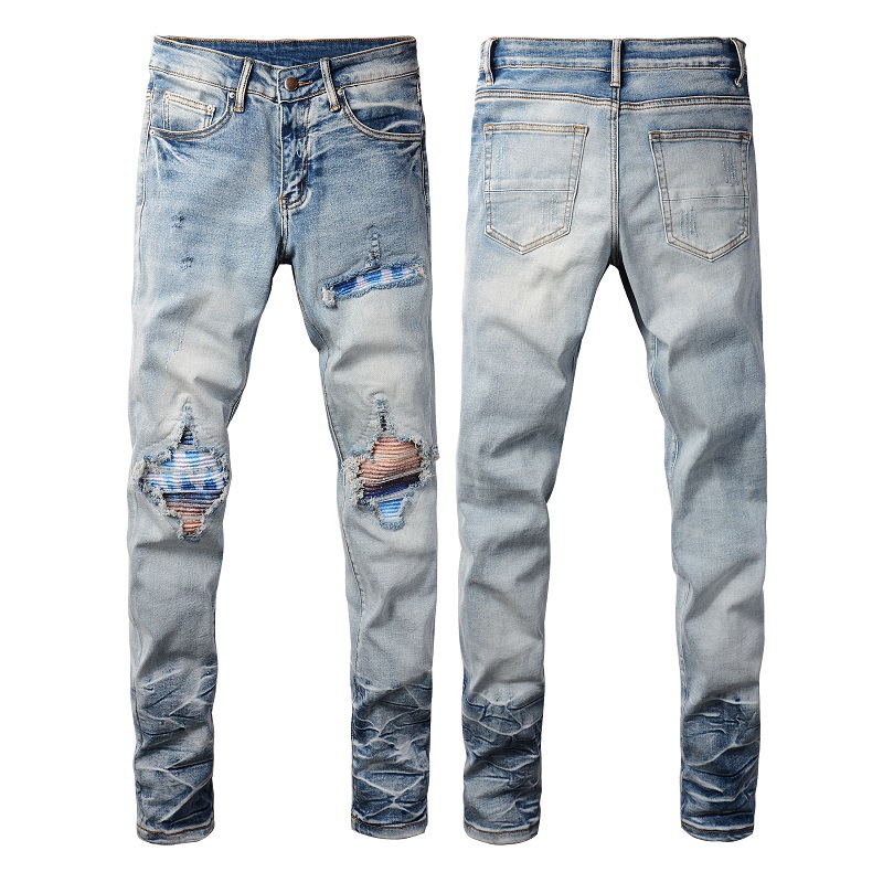 Herrenbekleidung im gleichen Stil, Katzenschnurrhaare, zerknitterte Farbe, Patchwork, Lederpatch, Loch, elastische Slim Fit-Röhrenjeans_voghion.com