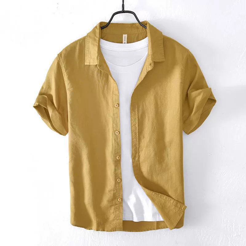 L3321 летняя однотонная короткая рубашка внутри и снаружи, мужская повседневная рубашка из хлопка и льна с короткими рукавами, Мужская поколение волос