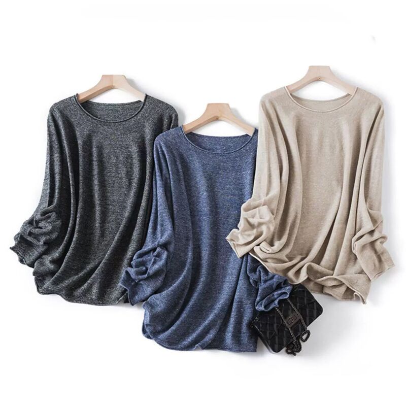 High-end old money casual style wool-linen jacquard yarn round-neck loose long-sleeve pullover sweater for women High-end old money casual style wool-linen jacquard yarn round-neck loose long-sleeve pullover sweater for women