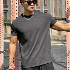 クロスボーダー スポーツ ゆったりフィットネス 半袖 メンズ バスケットボール ランニング トレーニング ストレッチ スポーツTシャツ 丸首トップス 模造綿