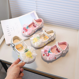 Girls Cherry Beaded Bow Princess Shoes 2025 Autumn New Children's Pink Soft Sole Small Leather Shoes Dance Shoes