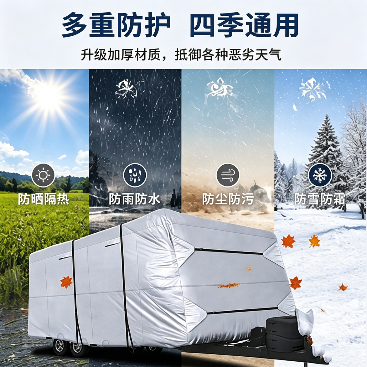 RV cover made of Oxford fabric, suitable for trailer-type travel vehicles, provides sun protection, is waterproof and dustproof, universal for touring RVs