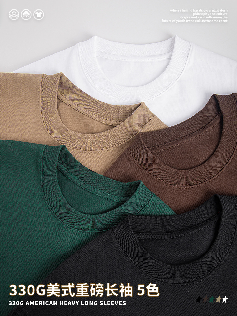 クロスボーダー330g重ポンド双紗長袖tシャツ男性ゆったり潮牌アメリカ式小襟元純綿底シャツtシャツオーダーメード