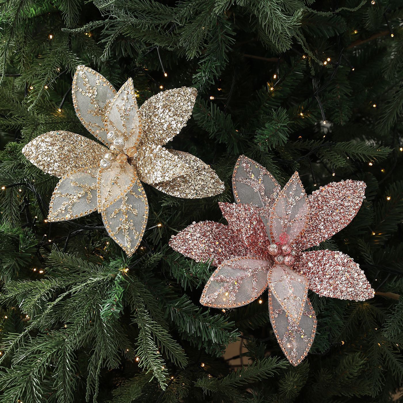 Flores de Navidad huecos decoraciones de Navidad árbol de Navidad de alta calidad polvo de oro polvo de tela flor de tela de tela