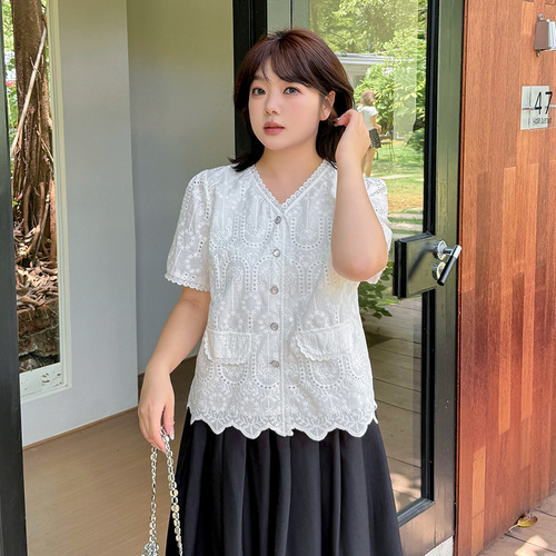 Eno Plus Size Women's Korean Style Gentle and Elegant V-Neck Blouse 2025 Summer New Sweet Short-Sleeve Top 252551