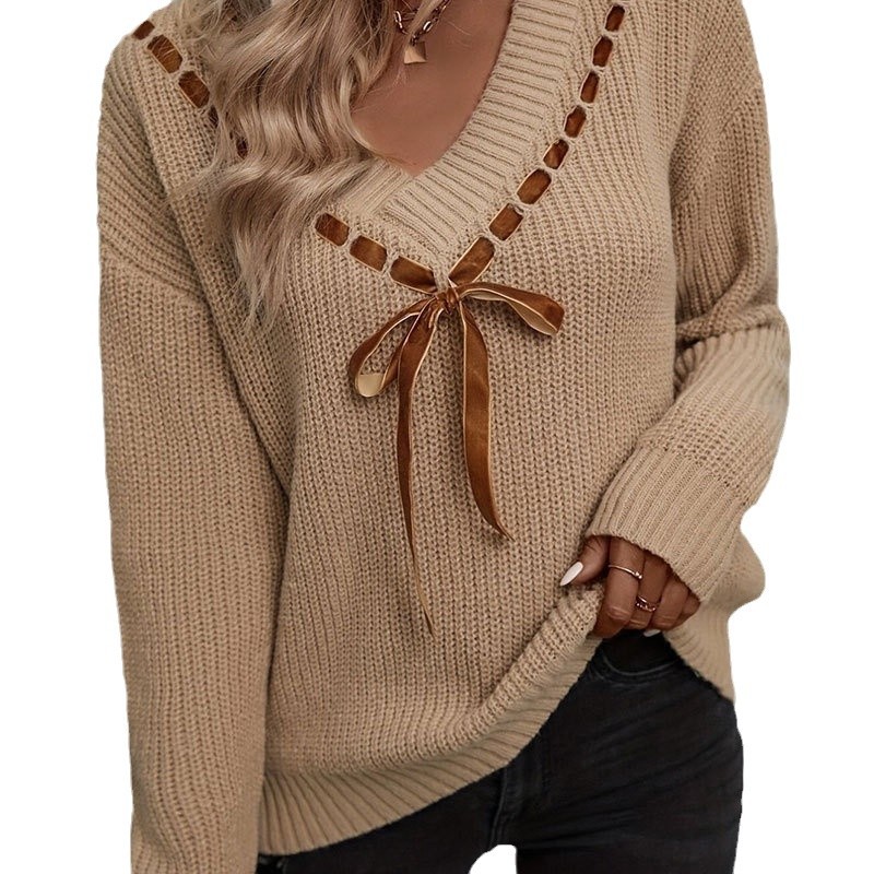 Damenbekleidung Herbst und Winter Damenpullover Schleife V-Ausschnitt Fliege Langarm Pullover Top_voghion.com