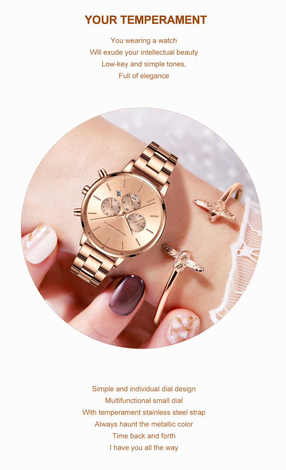 Orologio da polso impermeabile con chiusura a doppio scatto a farfalla, cinturino in acciaio inossidabile, orologio al quarzo da donna_voghion.com