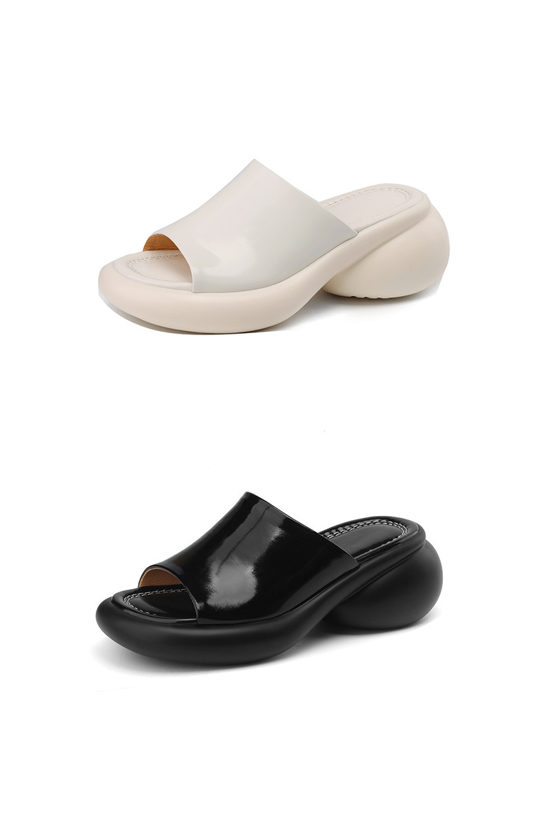 Dép sandal nữ quai chữ V đế dày da PU mũi hở — màu đen, màu trắng chi tiết 18