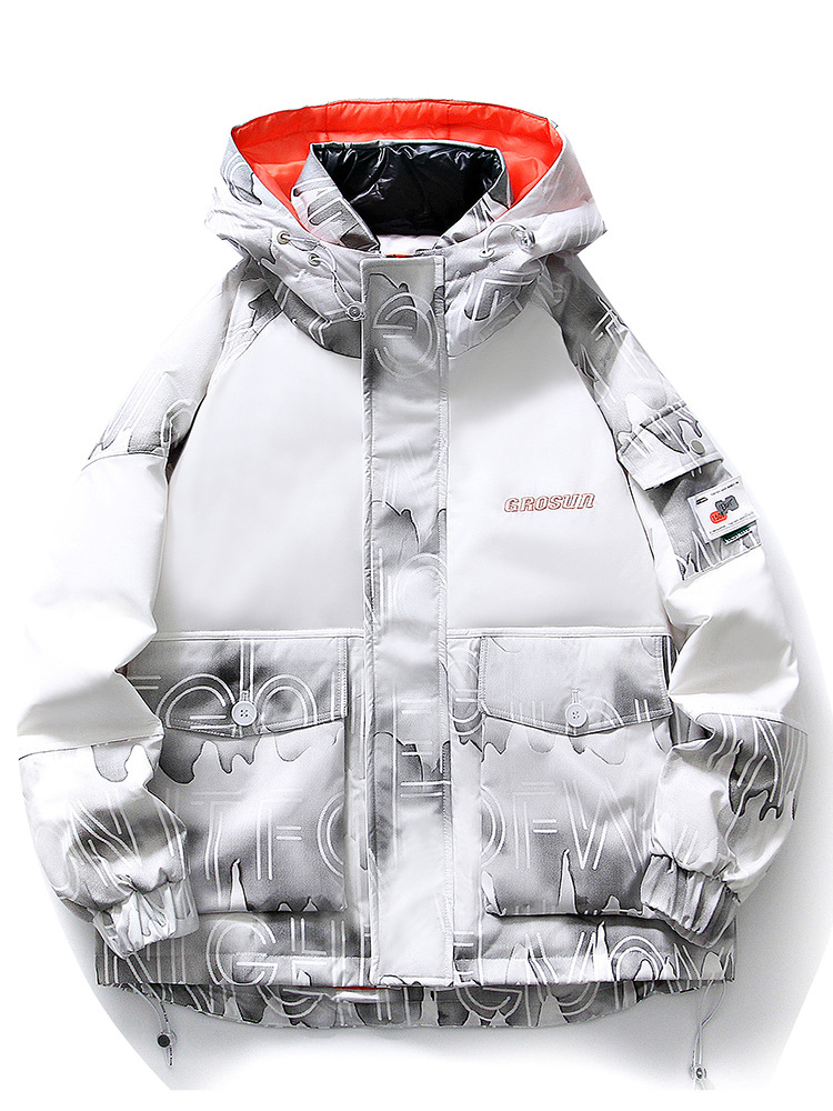 Nuevo chaqueta de plumón impresa para hombres de invierno marca de moda de la juventud abrigo caliente falso dos piezas de chaqueta blanca a prueba de frío para mujeres