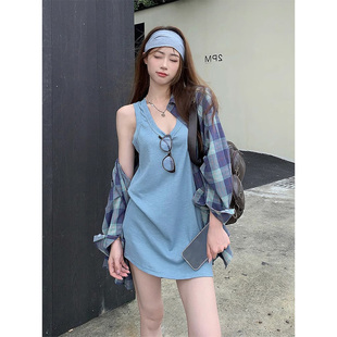 2025 French style outer wear blue I-shaped loose long sleeveless top for women in summer, chic and beautiful small camisole