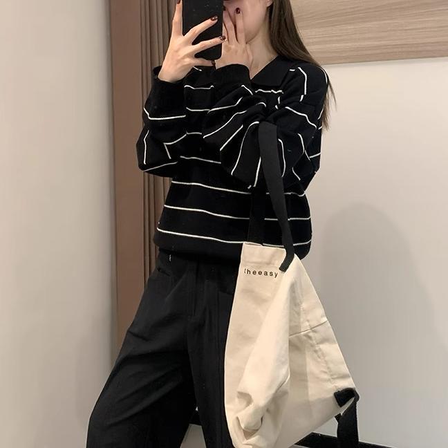 条纹Polo领羊毛针织衫女秋冬季新款设计感宽松慵懒打底套头毛衣|undefined