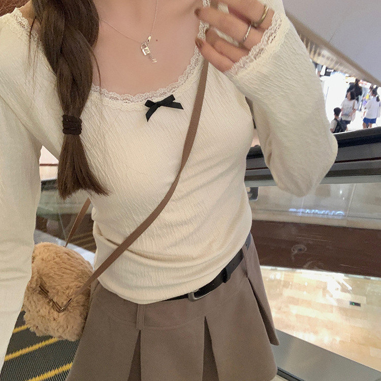 Original fabric lace bark wrinkle texture long-sleeved T-shirt bow age-reducing slimming chic round neck stretch top