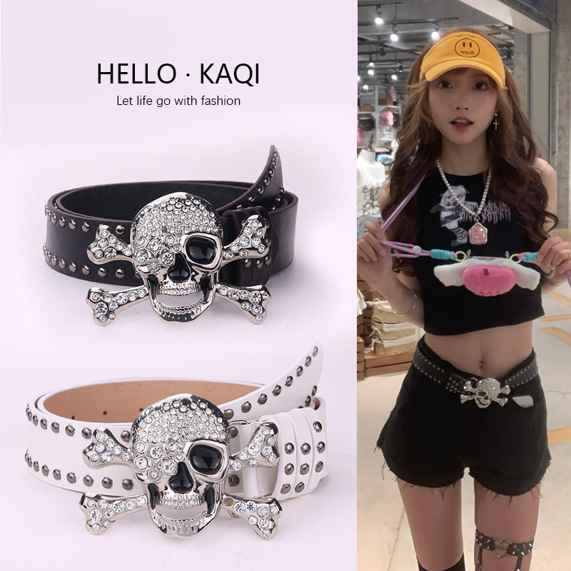 American Millennial Hot Girl Y2K Belt Women's European and American Feng Shui Diamond Skull Rivet Decorated Easiest for Match Jeans Belt