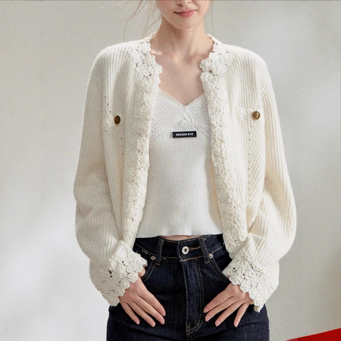 Recoin Rc Lace White Small Fragrant Sweater Jacket for Women 2025 Autumn and Winter Knitted Cardigan
