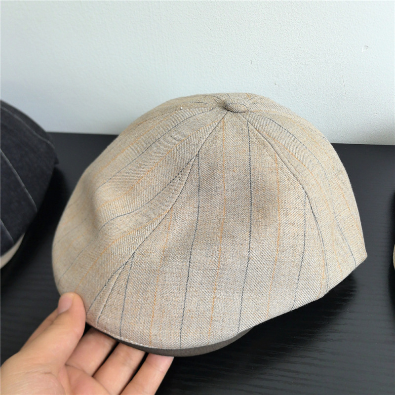 条纹贝雷帽早秋新款棉麻混纺前进帽日韩简约文艺百搭画家报童帽子|undefined