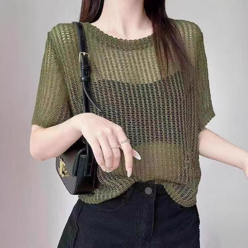 Loose Sun-Protective Cover-Up, Regular Shoulder Top, See-Through Round Neck Knitwear, Mesh Hollow-Out Knit Short-Sleeve T-Shirt for Women, Summer Loose Sun-Protective Cover-Up, Regular Shoulder Top, See-Through Round Neck Knitwear, Mesh Hollow-Out Knit Short-Sleeve T-Shirt for Women, Summer