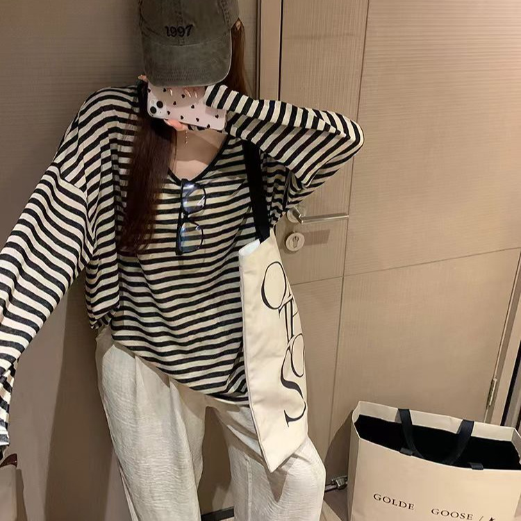 慵懒风黑白条纹圆领防晒长袖T恤女薄款空调宽松显瘦冰丝罩衫上衣|undefined