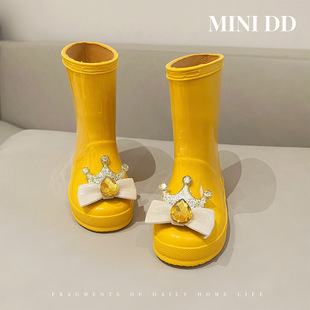 Mini Dd 2025 New Rain Boots Girls Rain Boots Children's Rain Boots Princess Style Mid-High Non-Slip Yellow Versatile