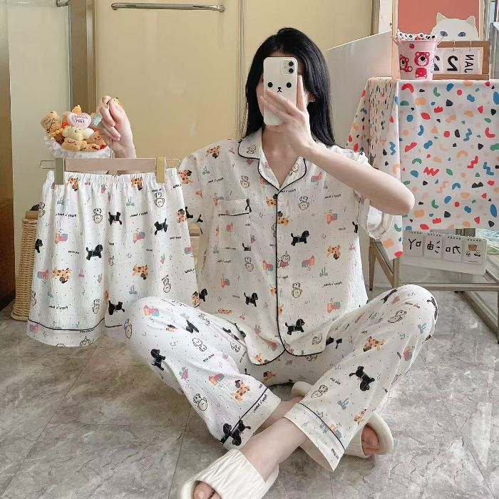 Venta al por mayor transfronteriza 120g pijamas de algodón de nube de verano de manga corta para mujer pantalones cortos de algodón de nube de verano de tres piezas servicio a domicilio de dibujos animados