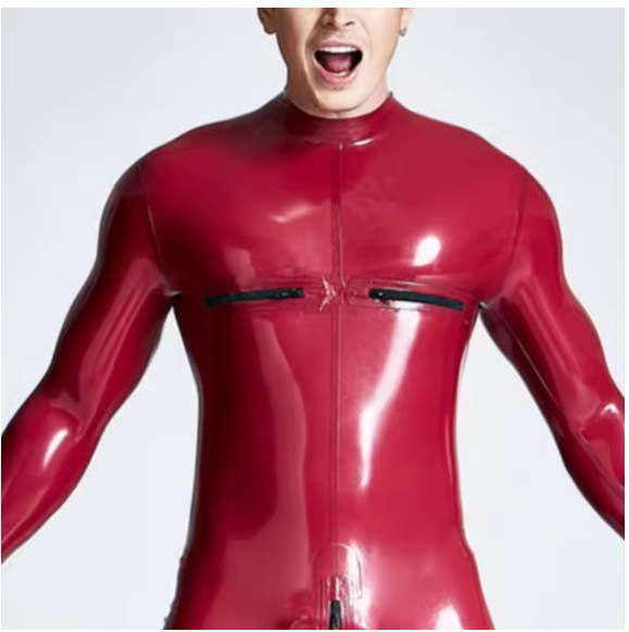 Men's Latex Clothing, Latex Bodysuit, Short Horizontal Zipper on the Chest and Back Crotch Zipper, Latex Jumpsuit