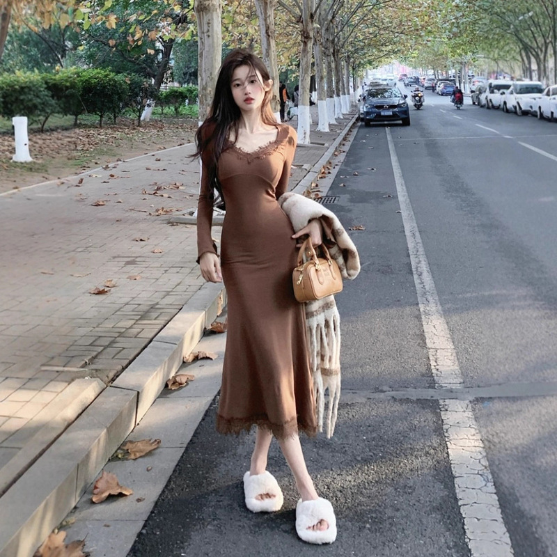 韩系黑色V领蕾丝拼接长袖鱼尾连衣裙女秋冬收腰修身气质包臀长裙|undefined