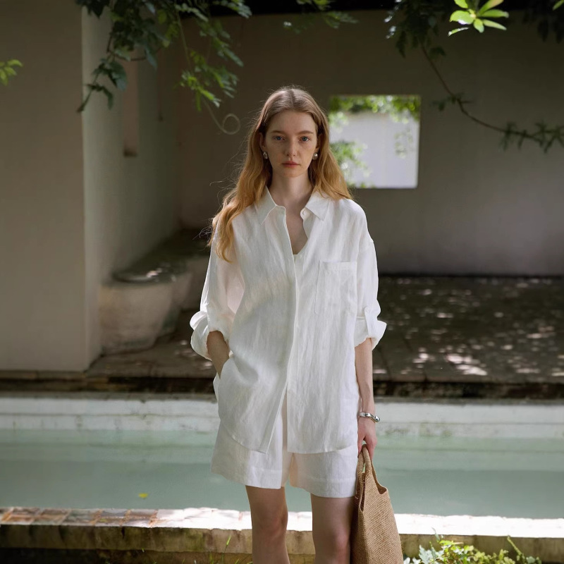 Countonme Relaxed Summer/Leisurely Casual Style All-Linen Oversized Shirt/Shorts Sun Protection Set