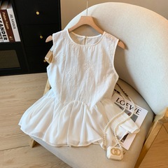 女性用の花のノースリーブシャツの実物写真、新しい夏の韓国刺繍トップス、デザイナーシャツ、ベスト、トレンディなシャツ