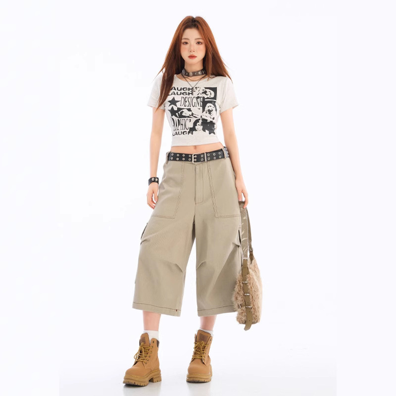 2025 New Multi-Pocket Cargo Cropped Pants for Women, Wide-Leg American Style, Simple and Unique, Loose Khaki Versatile Shorts