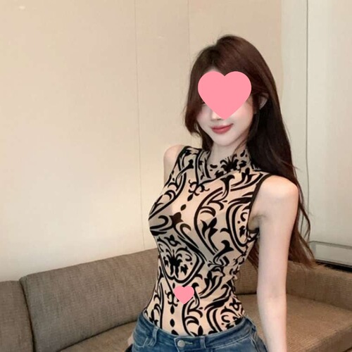 New Chinese Style Summer Retro Print National Style Sexy Sheer Mesh Collar-Up Top Women's Bodysuit
