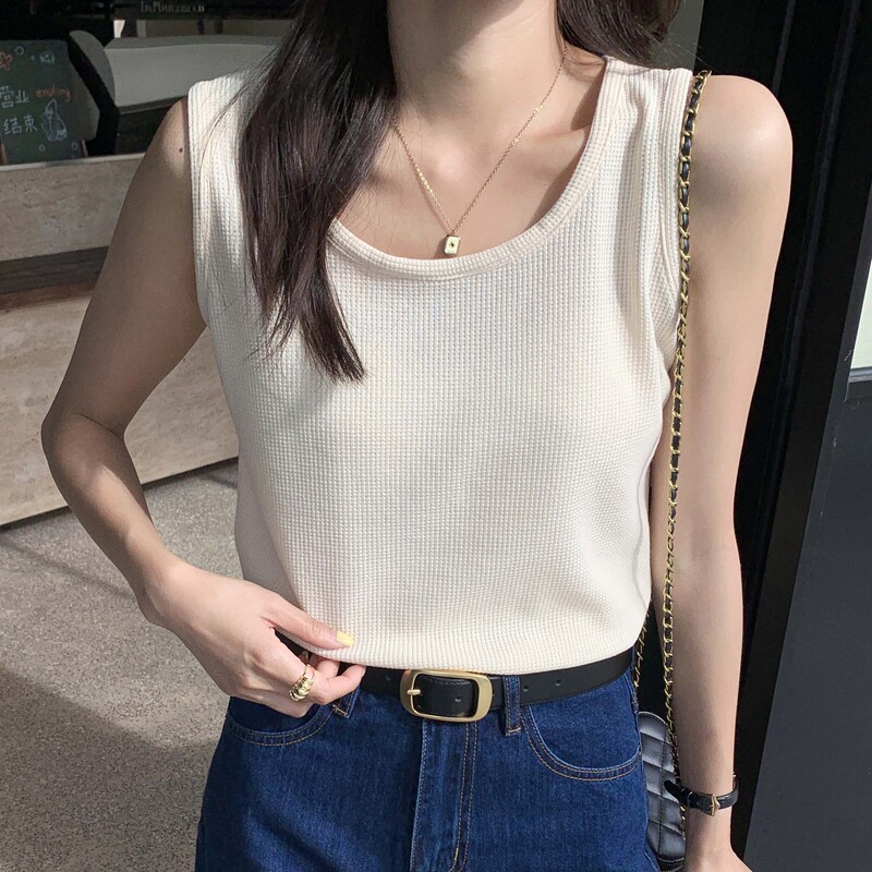 H309 Waffle Pattern U-Neck Camisole for Women, Summer Loose Fit, White Base Layer, Sleeveless Versatile Top H309 Waffle Pattern U-Neck Camisole for Women, Summer Loose Fit, White Base Layer, Sleeveless Versatile Top