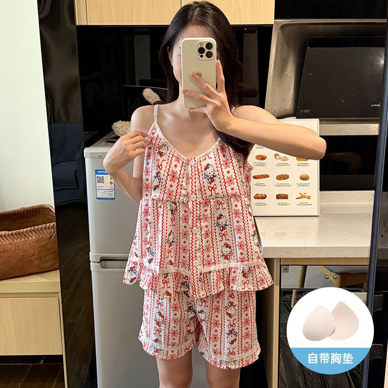 Venta al por mayor transfronteriza verano nuevo estilo cabestrillo cárdigan con almohadilla para el pecho pijama de algodón de nube desmontable traje de servicio a domicilio sexy para mujer