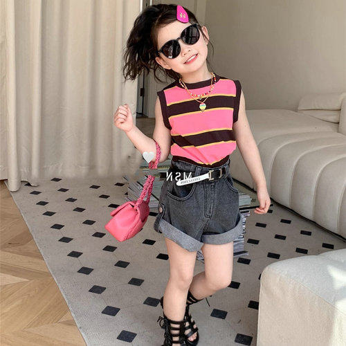 男女童裤子卷裤脚扣子牛仔裤短裤24夏装新款外贸童装3-8岁送腰带