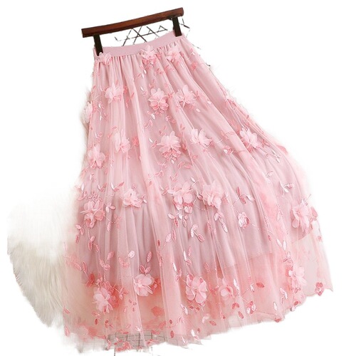 The Thirteen Lines Spring and Autumn 3D Embroidered Flower Long Hem Half Body Skirt for Women High-Waist Slimming Net Dress with Large Flounce