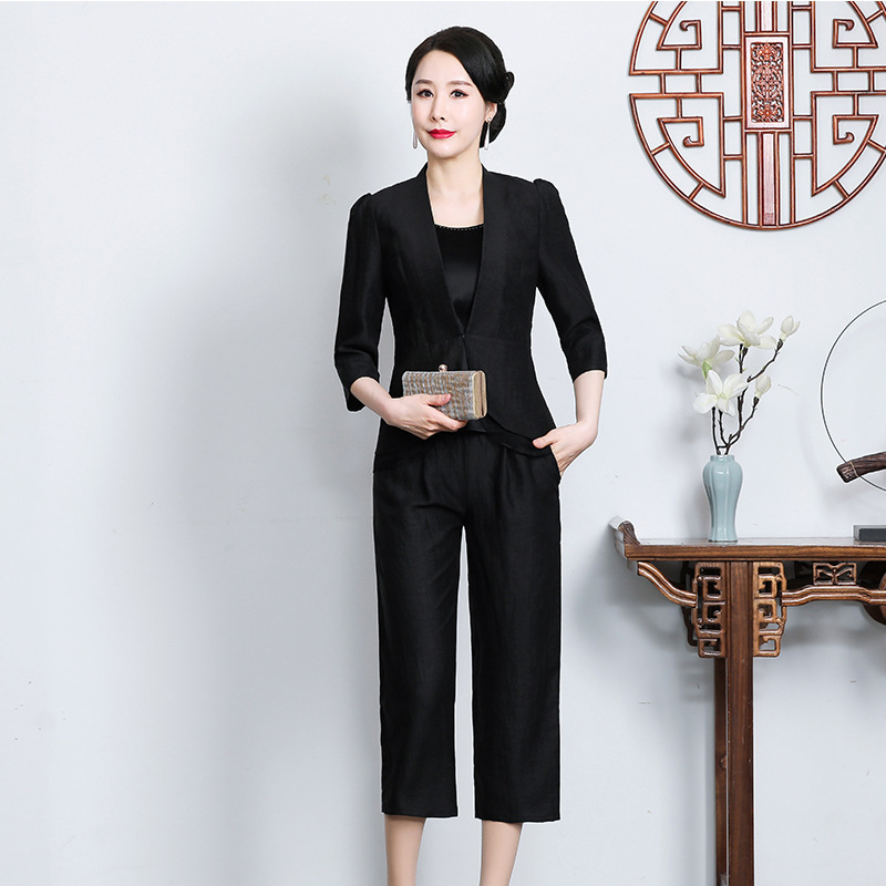 Turtle Pattern Xiangyun Yarn suit Women's Mother's Summer Suit Middle-aged Women's 2023 New Heavy Silk Three-piece Set