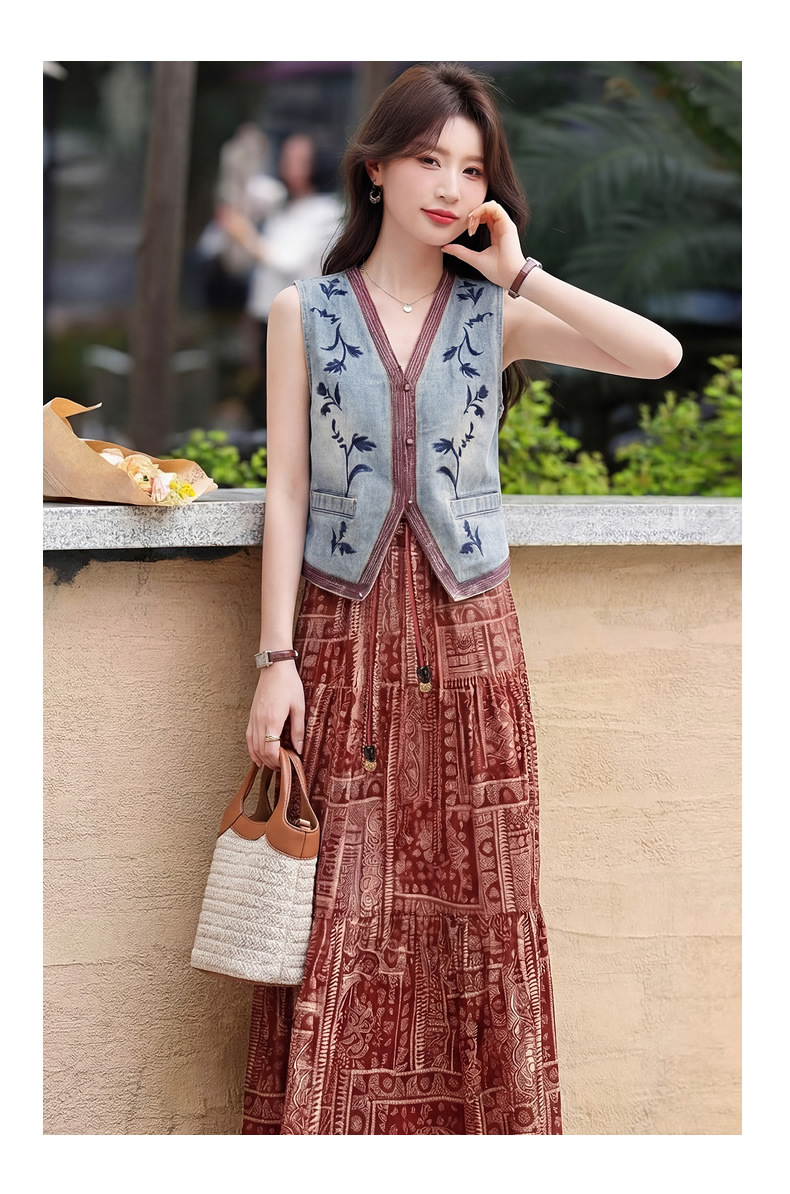 Set áo vest ren và chân váy midi hai mảnh nữ tính họa tiết thêu hoa — màu đỏ chi tiết 16