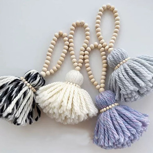 Ins Nordic Style Wooden Beads Wool Tassel Hanging Decoration Home Wooden Beads String Pendant Decoration Children's Room Tent Decoration