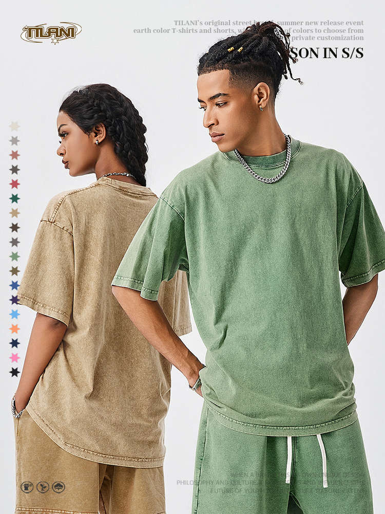 TILANI Summer Youth Trendy Brand Camiseta de manga corta para hombre Camiseta de manga corta de algodón lavado retro pesado para hombre