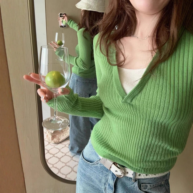 小清新绿色假两件长袖T恤女2025春秋新款多巴胺穿搭修身针织上衣|undefined