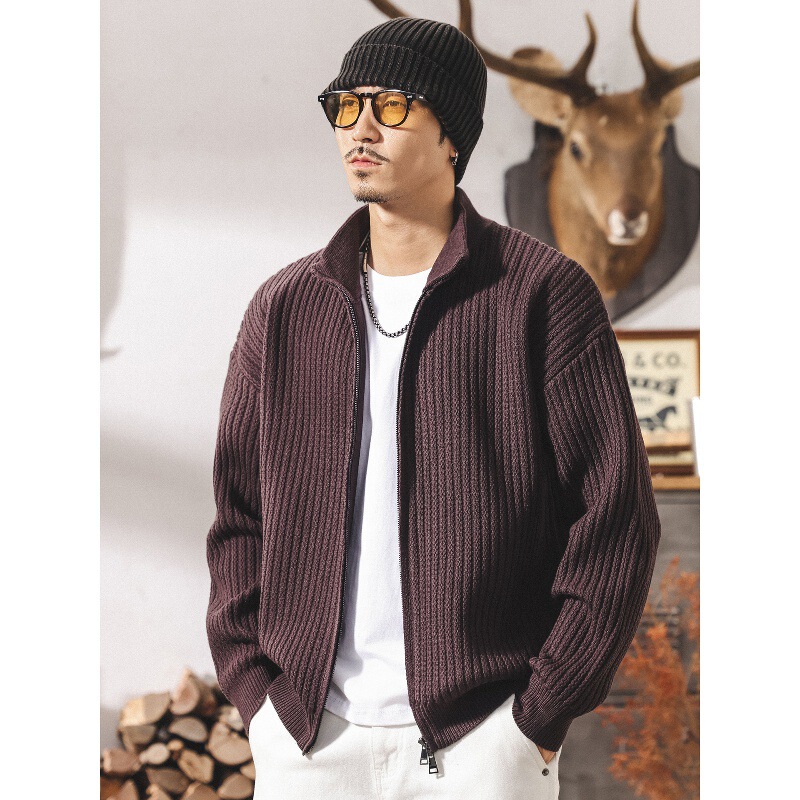 American Heavyweight Retro Purple Half Turtleneck Cardigan Knitwear Men's Autumn and Winter Trendy Brand Loose Knitwear Jacket Men's Spring & Fall