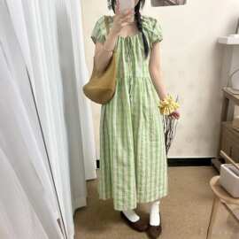 绿色格子重工蜜瓜绿日系格纹可抽绳系带连衣裙图片色涤纶连衣裙女